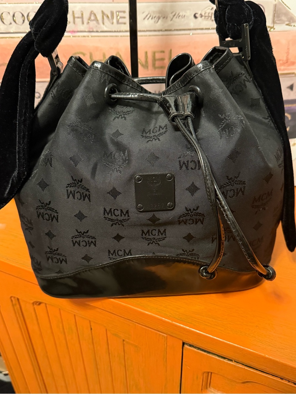 MCM Vintage Visetos Nylon Drawstring Bucket Bag with Velvet StrapVGUC